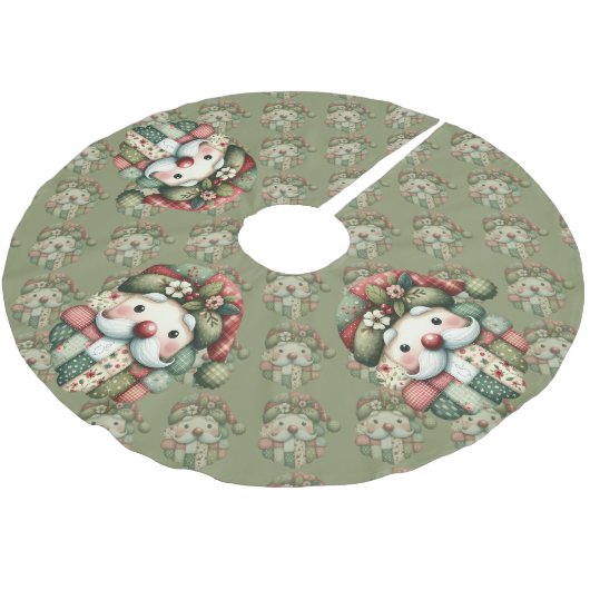 Whimsical Patchwork Santa Folk Christmas Polyester Weihnachtsbaumdecke (Schrägansicht)