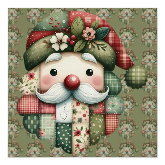 Whimsical Patchwork Santa Folk Christmas Poster (Vorderseite)