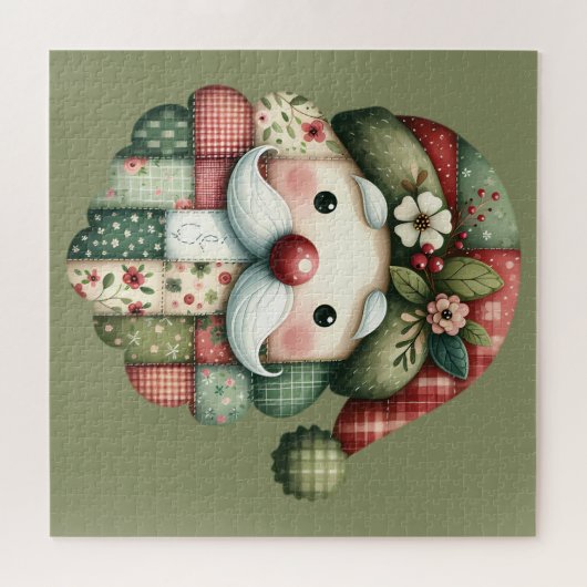 Whimsical Patchwork Santa Folk Christmas Puzzle (Horizontal)