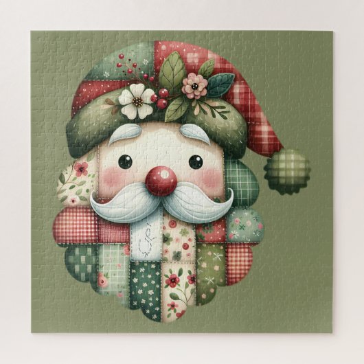 Whimsical Patchwork Santa Folk Christmas Puzzle (Vertikal)