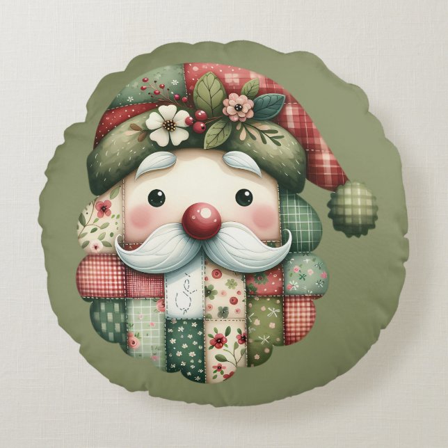 Whimsical Patchwork Santa Folk Christmas Rundes Kissen (Vorderseite)