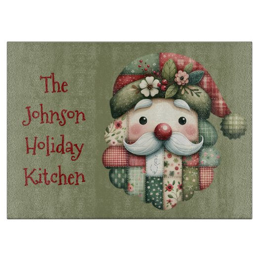 Whimsical Patchwork Santa Folk Christmas Schneidebrett (Vorderseite)