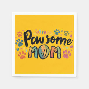 Whimsical "Pawsome MAMA" Graphic with Colorful Paw Serviette