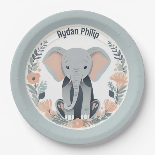 Whimsical Peach & Gray Baby Elephant Pappteller (Vorderseite)