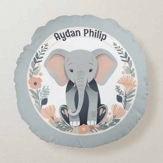 Whimsical Peach & Gray Baby Elephant Rundes Kissen (Vorderseite)