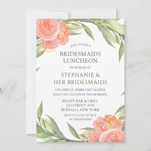 Whimsical Peachy Peonies Bridesmaids Luncheon Einladung (Vorderseite)