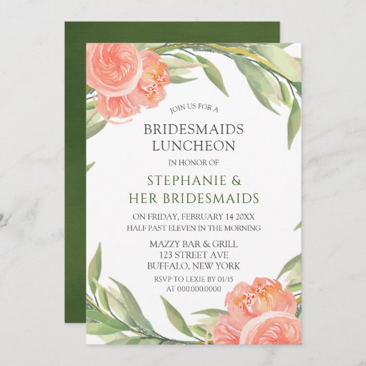 Whimsical Peachy Peonies Bridesmaids Luncheon Einladung (Vorne/Hinten)