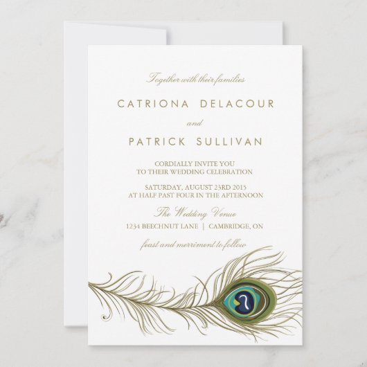 Whimsical Peacock Feather Art Deco Wedding Einladung (Vorderseite)