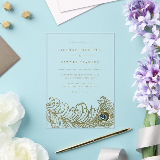 Whimsical Peacock Feather Vintage Wedding Acryleinladungen (In Situ (Hochzeit))