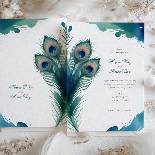 Whimsical Peacock Feather Watercolor Wedding Einladung