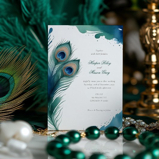 Whimsical Peacock Feather Watercolor Wedding Einladung
