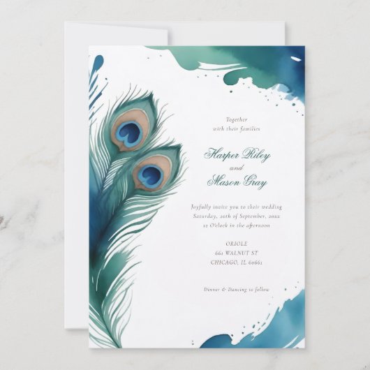 Whimsical Peacock Feather Watercolor Wedding Einladung (Vorderseite)