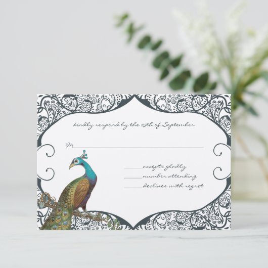 Whimsical Peacock Love Bird UAWG RSVP Karte (Stehend Vorderseite)