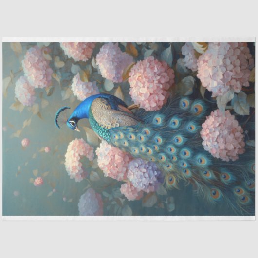 Whimsical Peacock Pink Hydrangea Blume Decoupage Seidenpapier (Vorderseite)