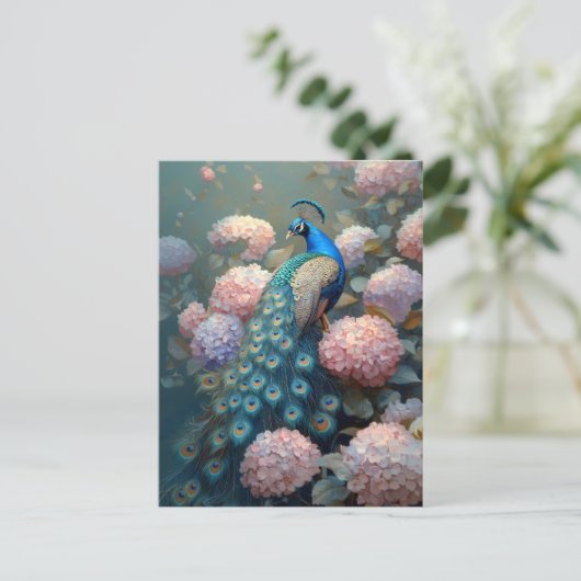Whimsical Peacock Pink Hydrangea Blume Postkarte (Stehend Vorderseite)