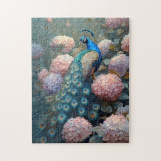 Whimsical Peacock Pink Hydrangea Blume Puzzle