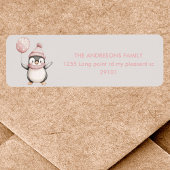 Whimsical Penguin Birthday Label | Vintag rosa