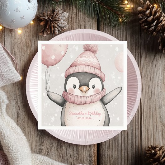 Whimsical Penguin Birthday Napkin | Vintag rosa Serviette