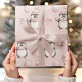 Whimsical Penguin Birthday | Vintag rosa Geschenkpapier