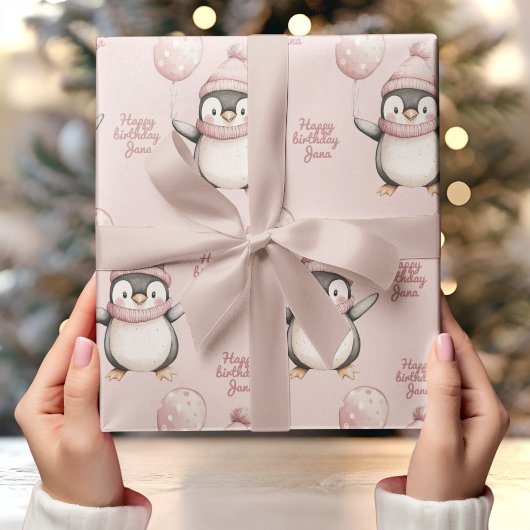 Whimsical Penguin Birthday | Vintag rosa Geschenkpapier