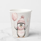 Whimsical Penguin Birthday | Vintag rosa Pappbecher (Rückseite)