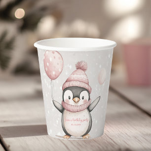 Whimsical Penguin Birthday Vintag rosa Pappbecher
