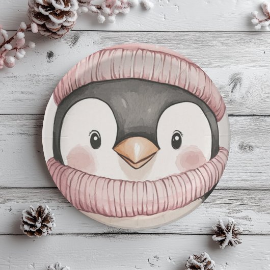 Whimsical Penguin Birthday | Vintag rosa Pappteller