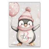 Whimsical Penguin Birthday | Vintag rosa Tischnummer (Vorderseite)