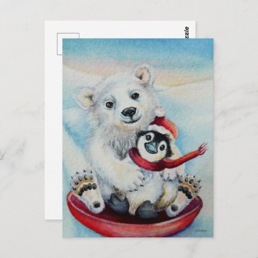Whimsical Penguin & Polar Bären Wasserfarben Kunst Postkarte (Vorne/Hinten)