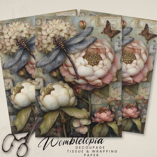 Whimsical Peony & Dragonfly Ephemera Decoupage  Seidenpapier