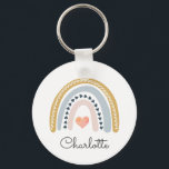 Whimsical Personalisiert Boho Rainbow Schlüsselanhänger<br><div class="desc">Personalisierter weißer Boho Regenbogen mit rosa Herzkettenkette,  mit Ihrem Namen in einer niedlichen Schriftzypografie. Niedlich und skurril. Für Kinder oder Erwachsene.</div>