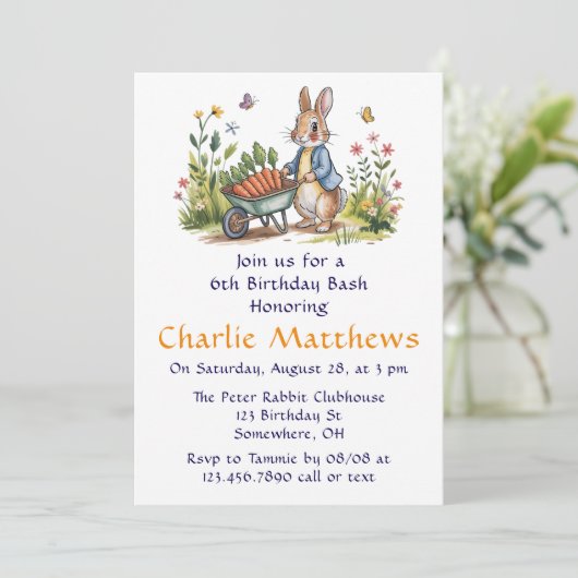 Whimsical Peter Rabbit Boy Birthday Bash Einladung (Stehend Vorderseite)
