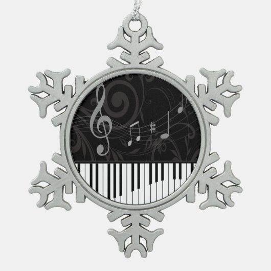 Whimsical Piano und Musical Notes Schneeflocken Zinn-Ornament (Vorderseite)