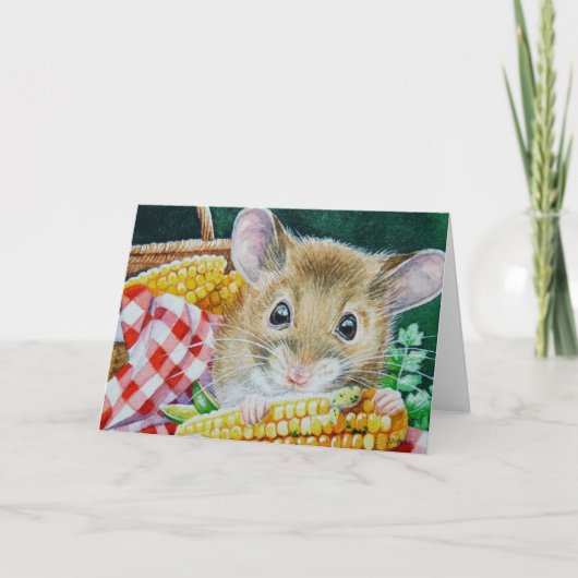 Whimsical Picnic Mouse Eating Cornflora Art Karte (Vorderseite)