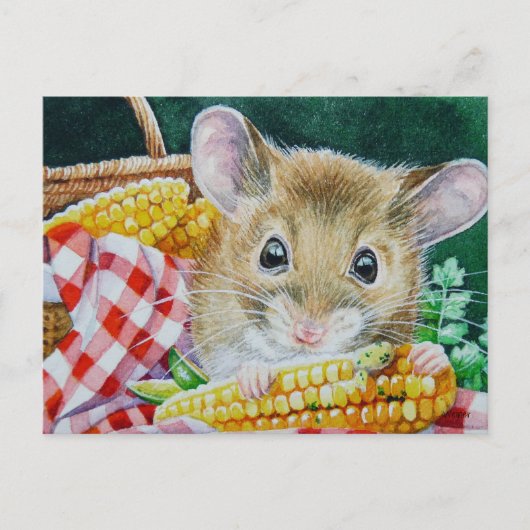 Whimsical Picnic Mouse Eating Cornflora Art Postkarte (Vorderseite)