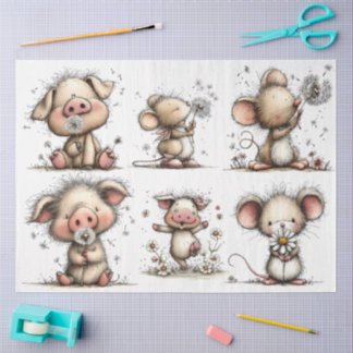 Whimsical Pig and Mouse in Spring Seidenpapier