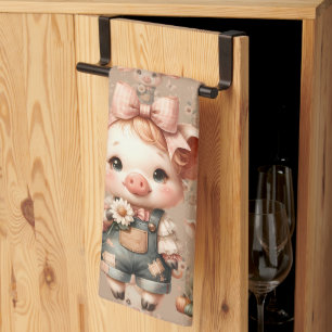 Whimsical Piglet in Pastel Overalls Braun Geschirrtuch