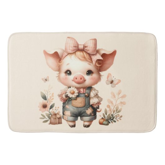Whimsical Piglet in Pastel Overalls Peach Badematte (Vorderseite)