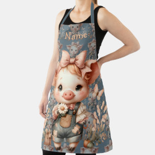 Whimsical Piglet in Pastell-Overall Blau Schürze