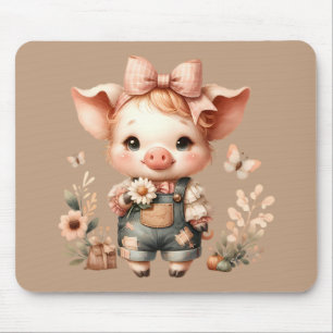 Whimsical Piglet in Pastell-Overall Braun Mousepad
