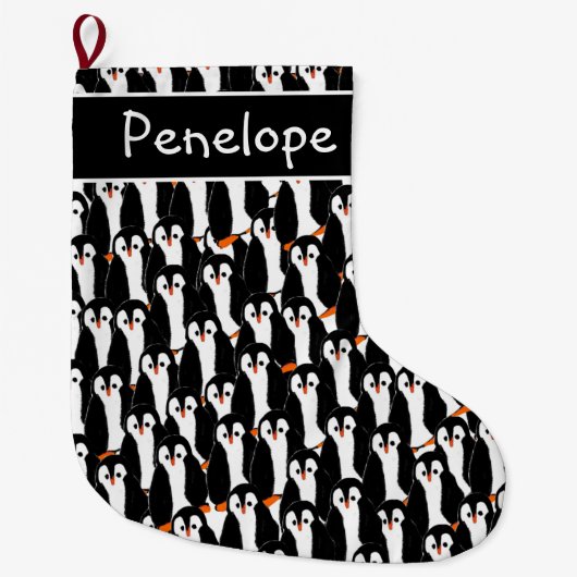 Whimsical Piles of Pinguins Muster und Ihr Name Großer Weihnachtsstrumpf (Vorderseite)