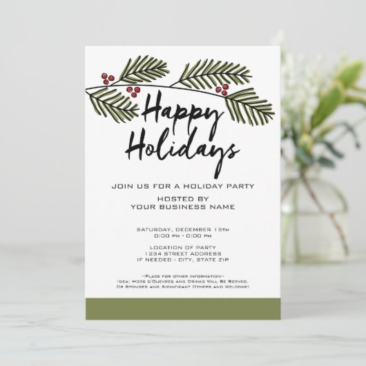 Whimsical Pine Branch Rustic Script Holiday Party Einladung (Stehend Vorderseite)