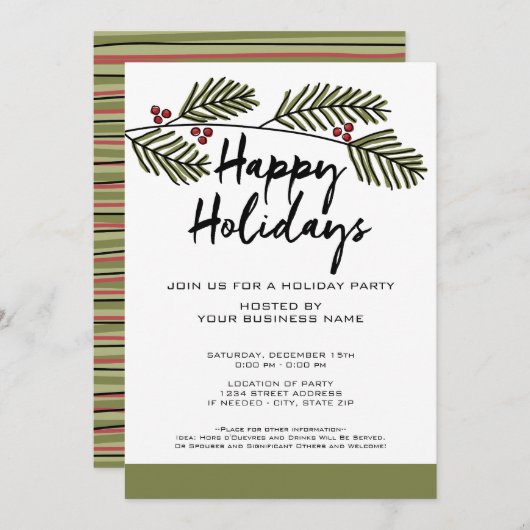 Whimsical Pine Branch Rustic Script Holiday Party Einladung (Vorne/Hinten)