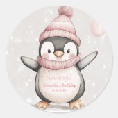 Whimsical Pinguin Birthday Danke Pink Runder Aufkleber (Vorderseite)