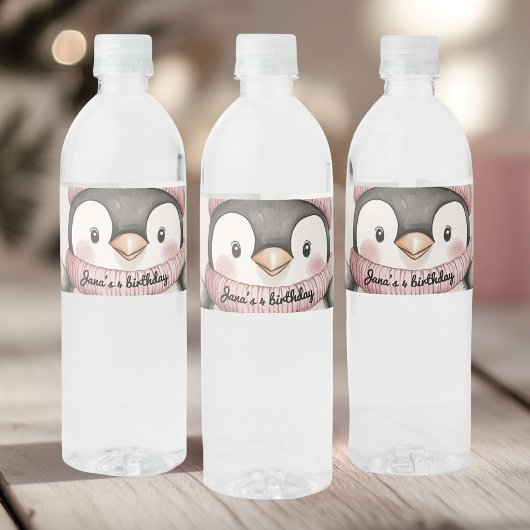 Whimsical Pinguin Birthday Water | Vintag rosa Wasserflaschenetikett