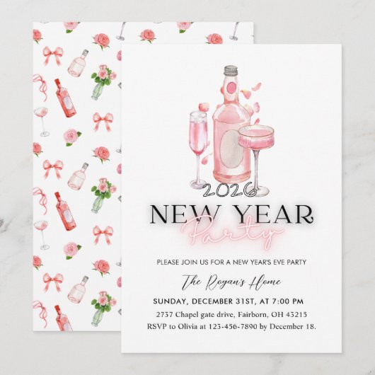Whimsical Pink 2026 Neujahrsfeier Einladung (Vorne/Hinten)