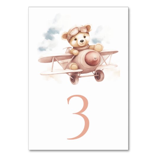 Whimsical Pink Airplane Adventure Baby Dusche Tischnummer (Vorderseite)