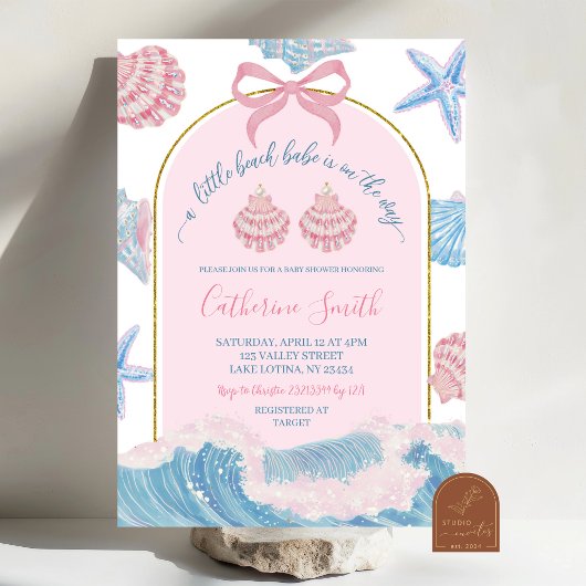 Whimsical Pink and Blue Beach Babe Baby Shower Einladung