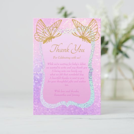 Whimsical Pink and Gold Baby Dusche Dankeskarte (Stehend Vorderseite)