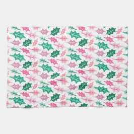 Whimsical Pink and Green Christmas Holly Leaves Geschirrtuch